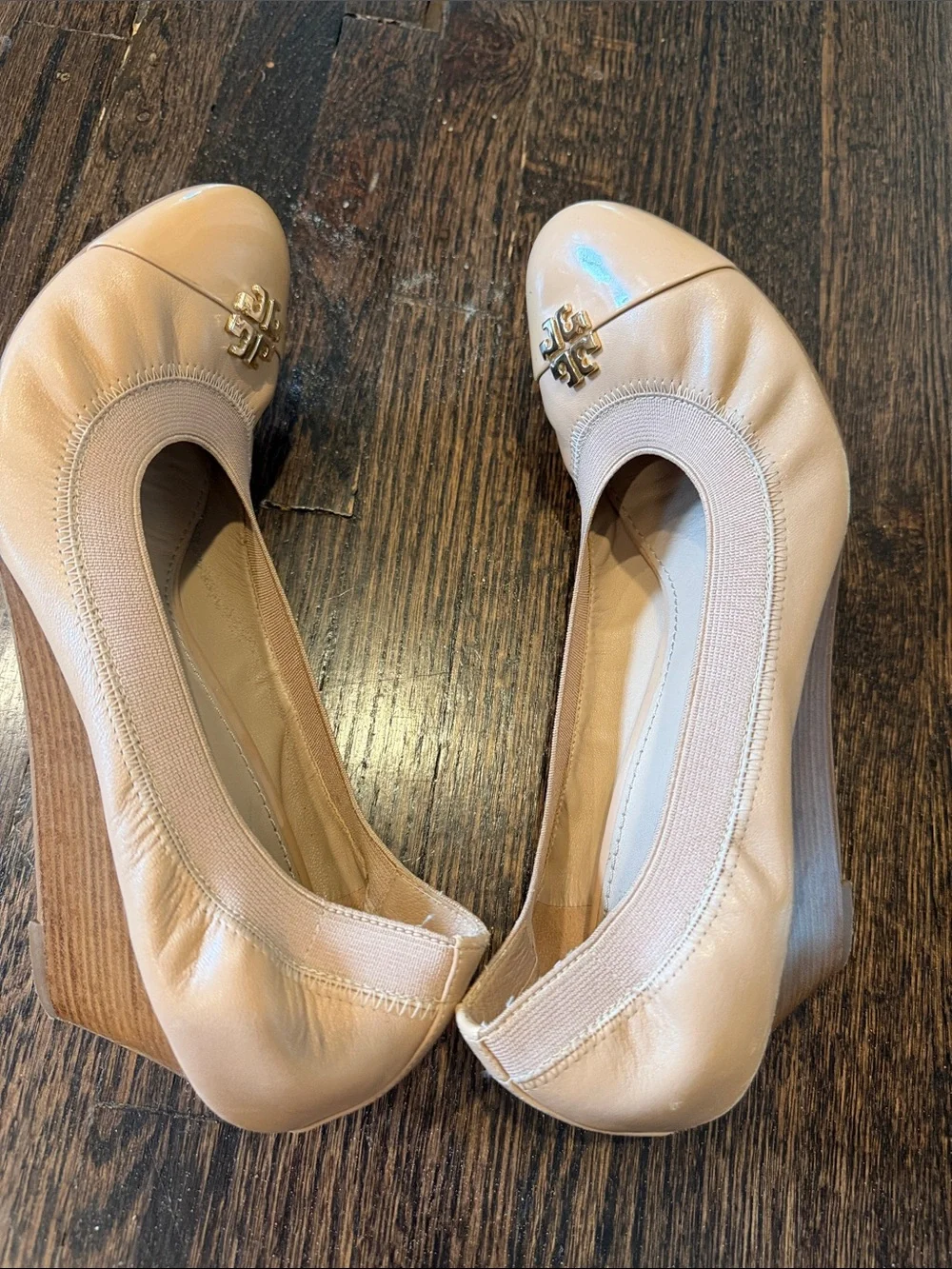 Tory Burch Nude Patent Leather Wedge Pumps